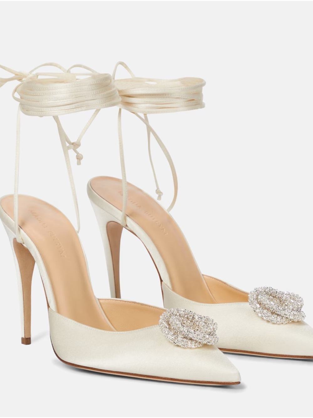 Magda Butrym Ivory Satin Pointed-Toe Ankle-Tie Heels with Crystal Rosette